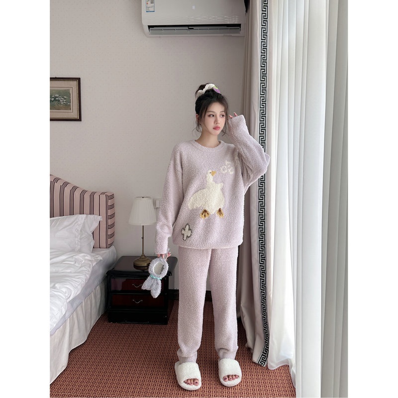 女秋冬季甜美可爱半边绒睡衣卡通减龄软绵绵加厚加绒家居服