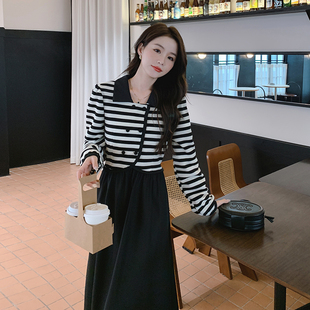 COMO女装2025春上新条纹拼接长袖上衣假两件连衣裙半身裙套装