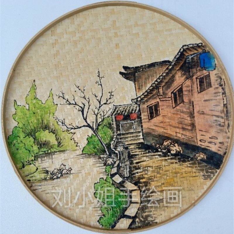 山水簸箕画纯手工簸箕画圆形簸箕画竹编饰品复古装饰画墙面餐厅挂