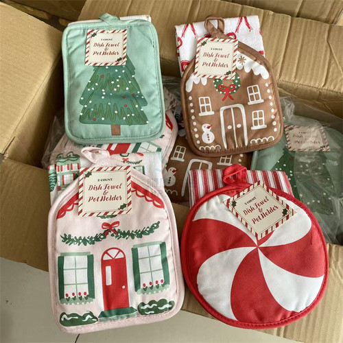 2件套！圣诞隔热套装厨房加厚防烫锅垫擦手巾抹布