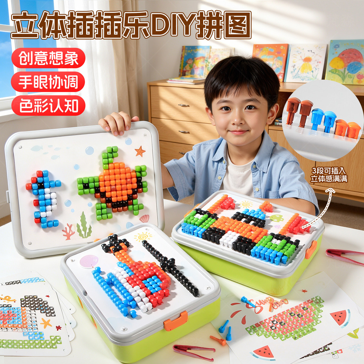 立体插插乐蘑菇钉创意拼图大颗粒DIY拼装组合专注力训练儿童玩具6