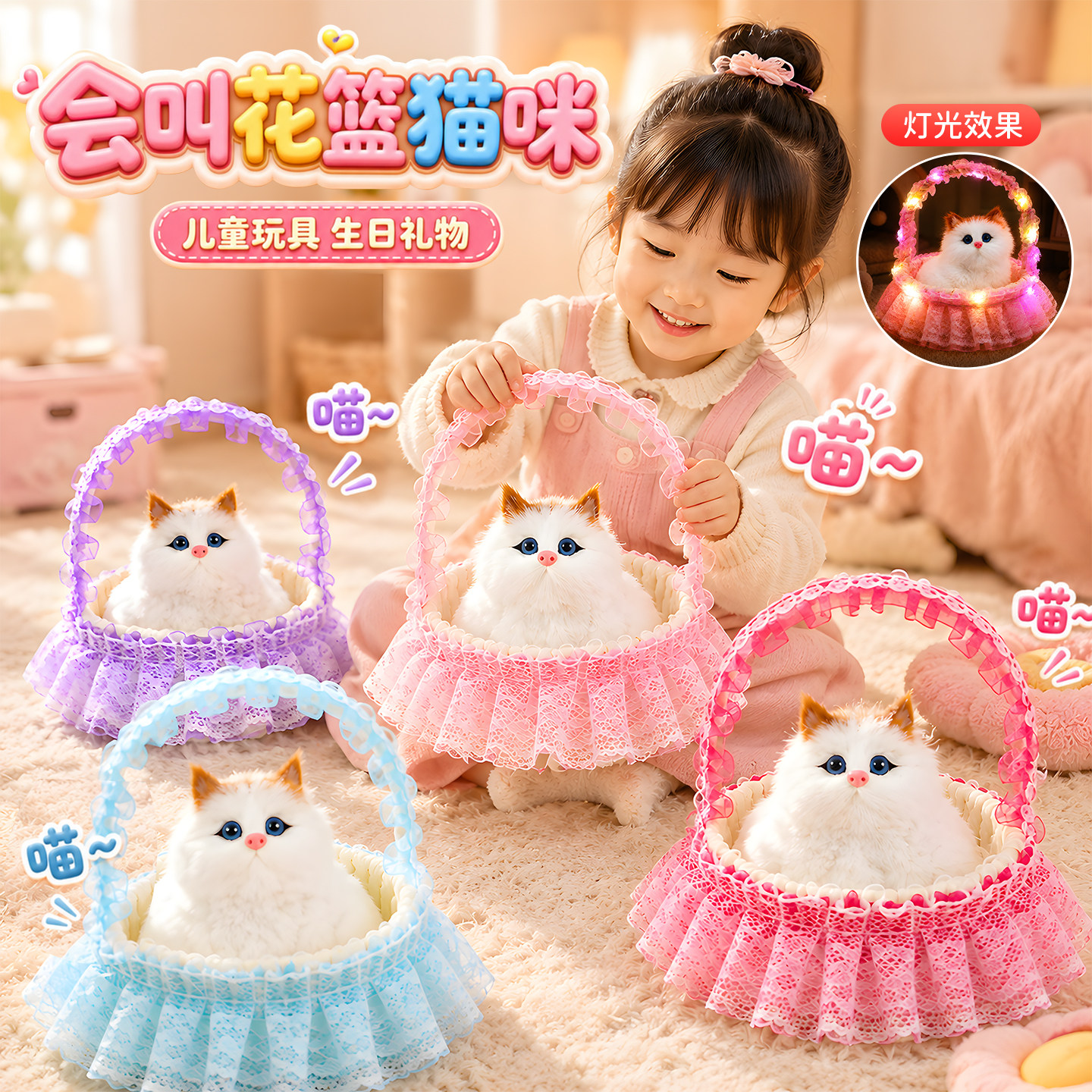 会叫仿真猫咪玩偶发光篮子小猫图片