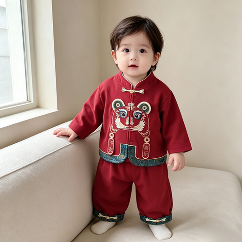 婴儿中国风唐装套装男女宝宝刺绣喜庆两件套1-3岁满月百天周岁服