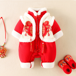 新生儿周岁礼服女宝宝冬天婴儿抓周衣服喜庆新年过年拜年服连体衣