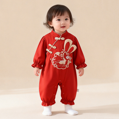 新中式长袖红色婴儿连体衣满月喜庆百天哈衣宝宝春秋单层薄款爬服