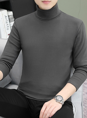 纯棉可翻高领长袖t恤男时尚百搭舒适上衣男装内衬修身体恤打底衫