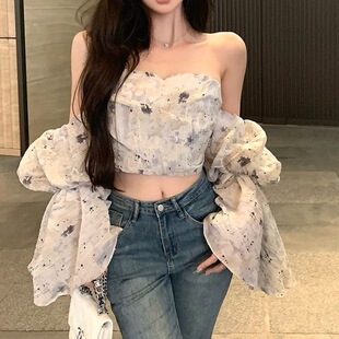 碎花一字肩短款 上衣潮 衬衫 女轻奢漂亮御姐纯欲风高级设计感喇叭袖