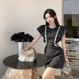 高级感轻奢水钻露腰礼服裙黑色泡泡袖 宋轶同款 小个子绝美连衣裙