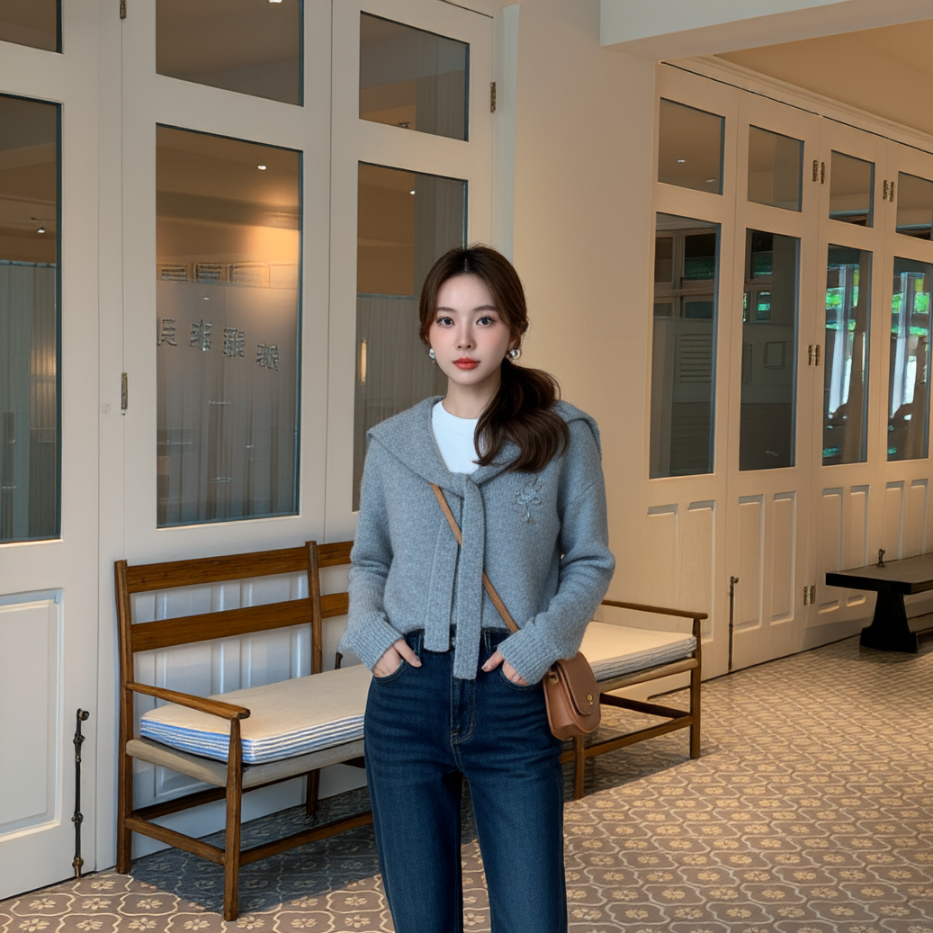 秋冬韩系连帽假两件针织开衫女