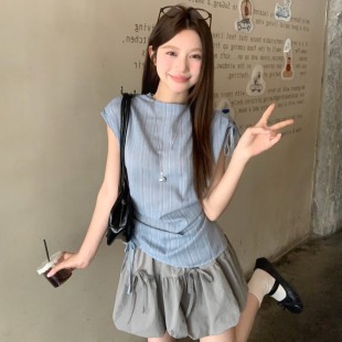 2025新款 上衣高腰显站好花苞半身裙 甜美减龄套装 女夏蓝色褶皱无袖