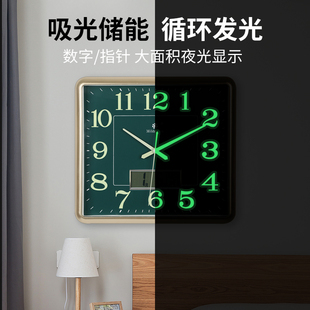 创意轻奢夜光方形电波钟客厅静音挂钟家用时钟挂表万年历带温度日