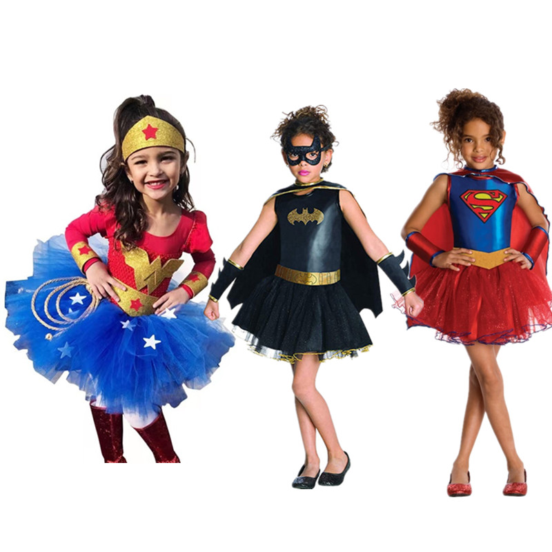 六一万圣节服装儿童cosplay神奇女侠女童蓬蓬裙蝙蝠侠超人连衣裙