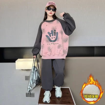 女童卫衣秋冬款2024新款儿童加绒套装连帽女大童冬装洋气时髦衣服