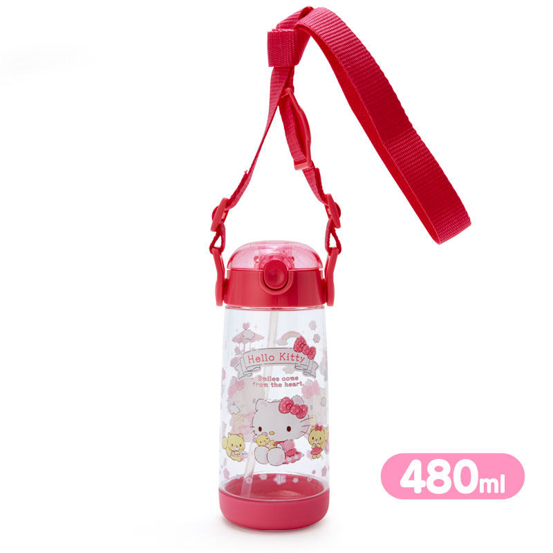 日本Sanrio正品Hello Kitty 透明塑膠吸管水壺480ml