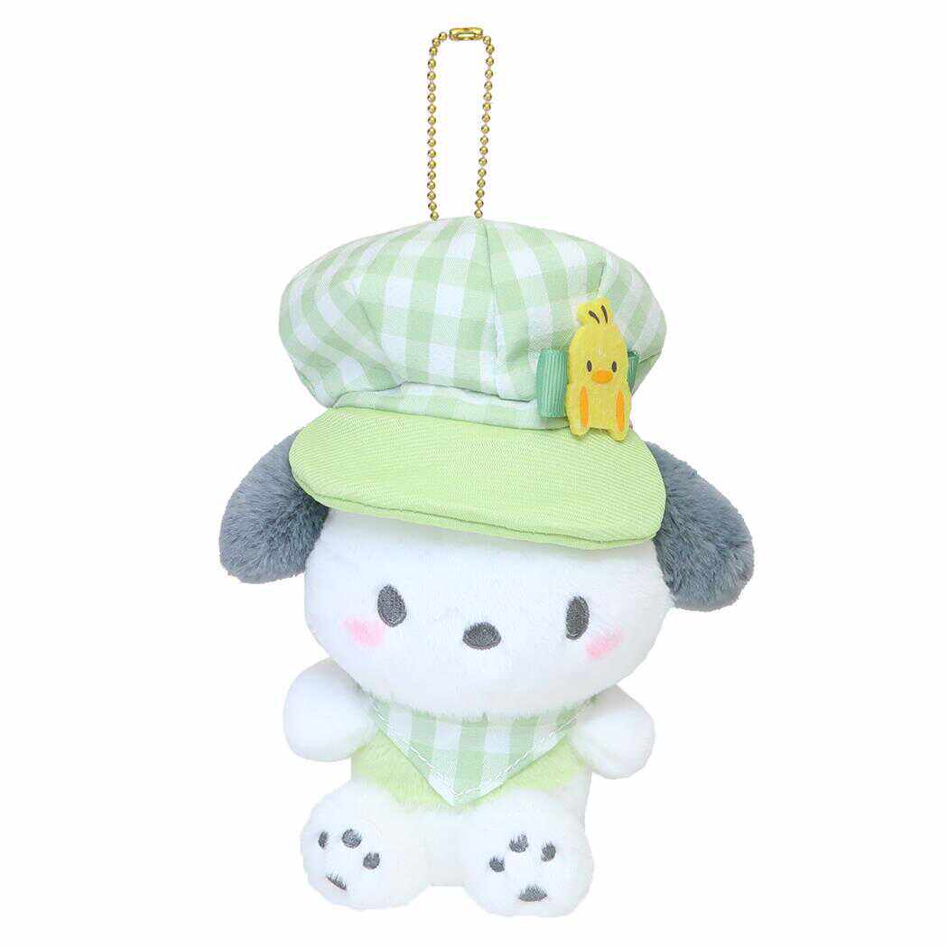 日本Sanrio正品PC狗Pochacco毛絨公仔匙扣包掛件(格仔帽)