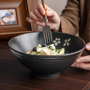 陶瓷斗笠碗商用餐厅菜碗家用吃面大碗拉面碗微瑕 黑色樱花 日式