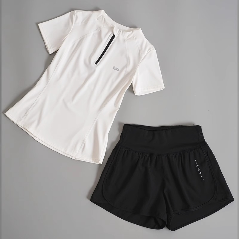 法国轻奢跑步运动套装新款速干夏季短袖瑜伽健身房晨跑显瘦训练服