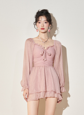 【蜜桃乌龙】保守时尚连体裙式泳衣女显瘦遮肚温泉泳装3127