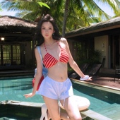 omom2026新款 复古条纹比基尼三件套小胸性感分体温泉沙滩度假泳衣