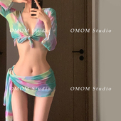 OMOM欧美ins性感梦幻扎染罩衫 分体泳衣女 纱裙比基尼四件套罩衫