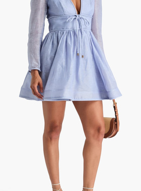 ZIMMERMANN正品代购过季款公主肩低V亚麻真丝连衣裙71667