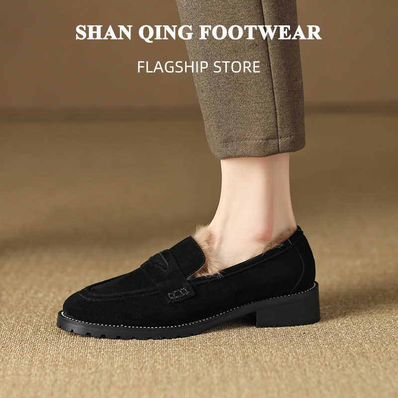 RECOMMENDED BY THE EXPERTS  TREASURE MODEL RABBIT FUR INSIDE FRENCH RETRO STYLE LOAFERS HEEL VERSATILE SMALL LEATHER SHOES WOMEN