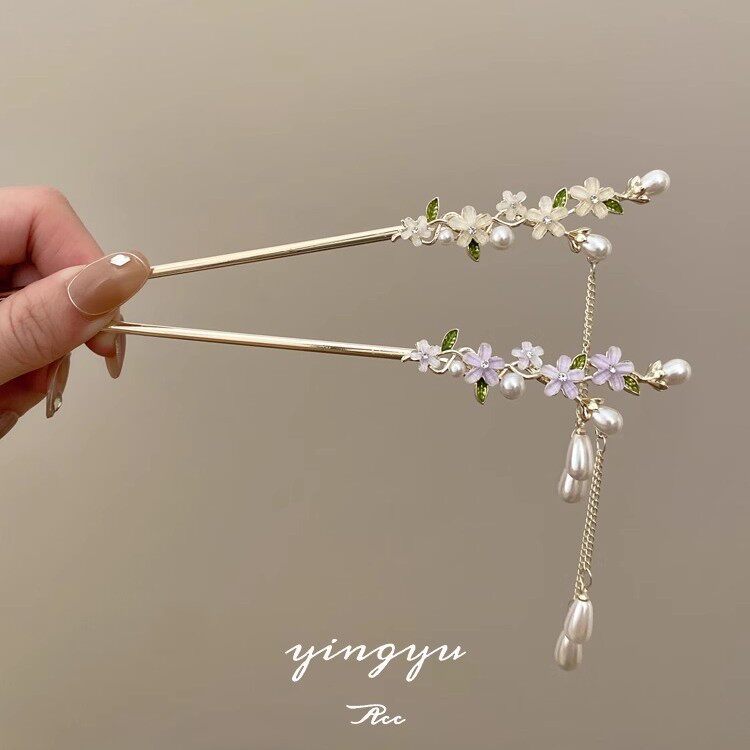 精致高级感花朵珍珠发簪女新中式旗袍盘发簪子古风流苏步摇发钗