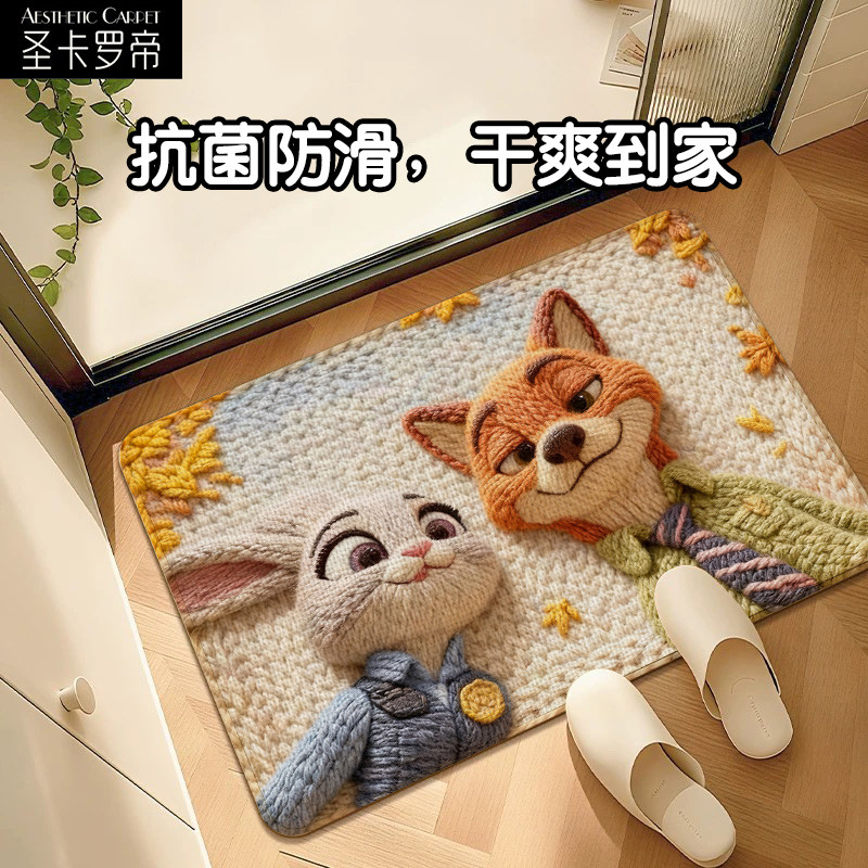 仿亚麻编织卡通可爱防滑垫家用卧室耐脏脚垫子卫生间吸水速干地垫