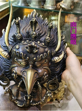 尼泊尔纯铜大鹏鸟面具玄关佛堂装饰挂件 大鹏金翅鸟壁挂门挂墙饰