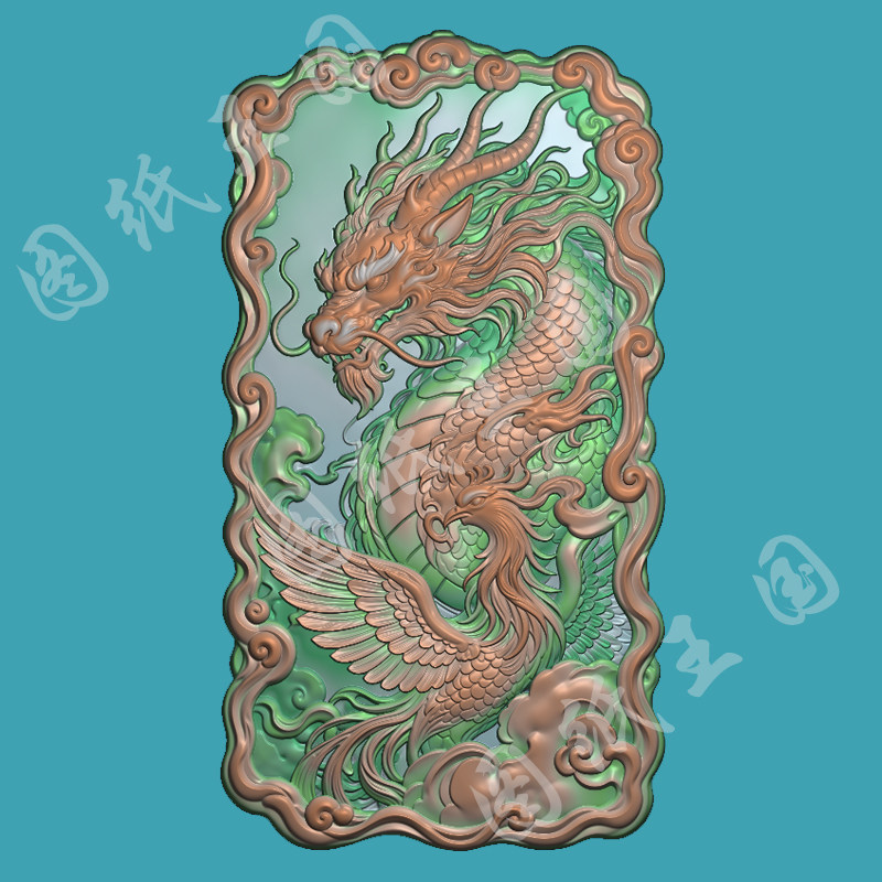 J0257随形龙凤牌jdp精雕图龙凤呈祥bmp灰度图玉雕木雕牙雕浮雕图