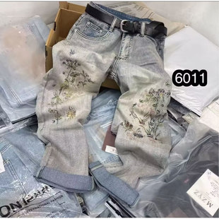 百搭九分裤 欧洲站2026年春季 韩版 重工刺绣烫钻水洗牛仔老爹裤 新款
