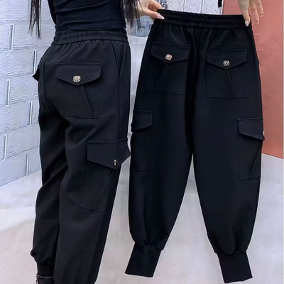 黑色显瘦九分束脚哈伦裤女工装裤