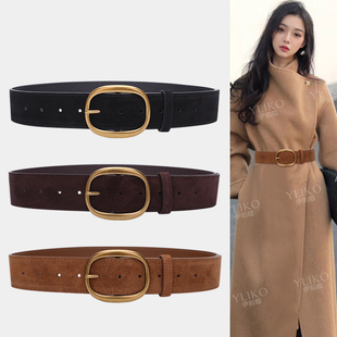 复古简约时尚 百搭真皮麂皮绒磨砂配大衣腰带女腰封黑色棕色宽皮带