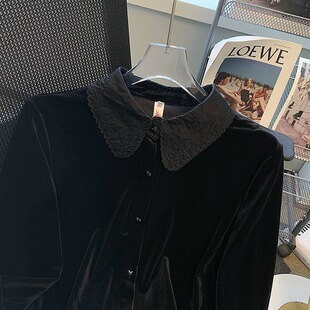 法式高级感黑色真丝绒精致衬衫 秋冬气质显瘦长袖上衣 女款外套