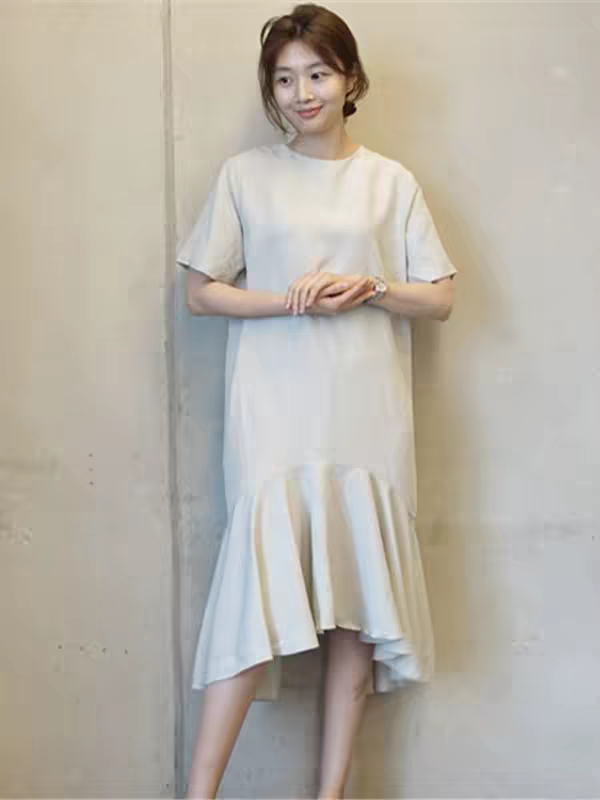 2026韩版新款休闲长款大码女装短袖鱼尾棉麻连衣裙