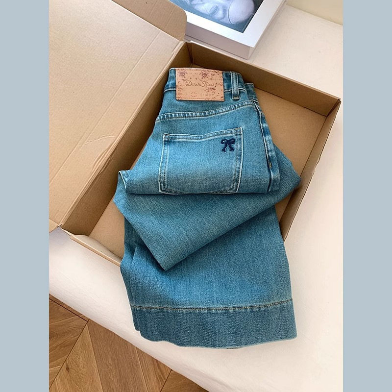 蝴蝶结复古高腰九分牛仔裤阔腿宽松烟管窄版直筒裤子女小个子显瘦