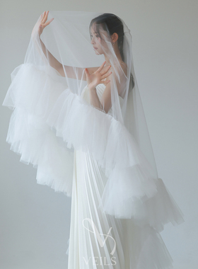Veils复古设计感波浪厚边长款拖尾双层可遮面头纱新娘高级感头饰