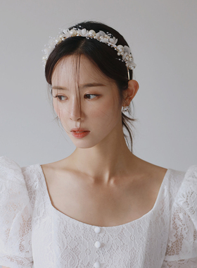 veils新款白色手工串珠珍珠花朵发箍新娘头饰结婚领证婚礼发饰