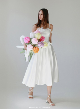 Veils可爱甜美白色蝴蝶结缎面吊带小礼服领证旅拍显瘦高腰小白裙