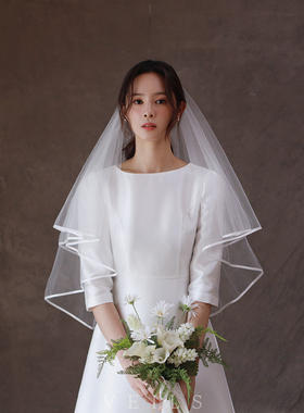 Veils法式简约复古白色缎带包边新娘头饰婚纱头纱领证拍照道具