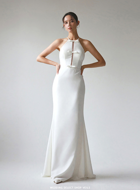 Veils设计师款简约轻奢白色修身气质蝴蝶结吊带轻婚纱挂脖小礼服