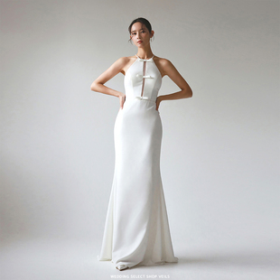 Veils设计师款简约轻奢白色修身气质蝴蝶结吊带轻婚纱挂脖小礼服
