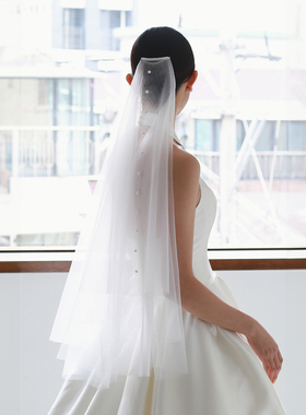 Veils精工简约白色双层珍珠头纱高级感设计感新娘结婚旅拍头饰