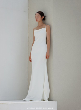 Veils白色简约设计师款气质吊带轻婚纱高级感显瘦旅拍晨袍