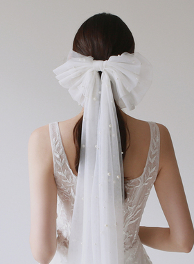 Veils新款白色超大蝴蝶结珍珠头纱ins简约气质新娘头饰旅拍道具