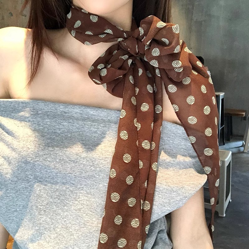 法式慵懒风长条棕色波点丝巾女高级感百搭咖啡色系脖薄款发带配饰