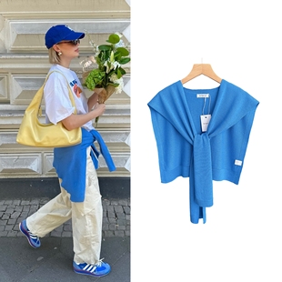 玩转色彩博主同款 多巴胺蓝色橘色质感小披肩叠穿屁帘围裙空调披肩