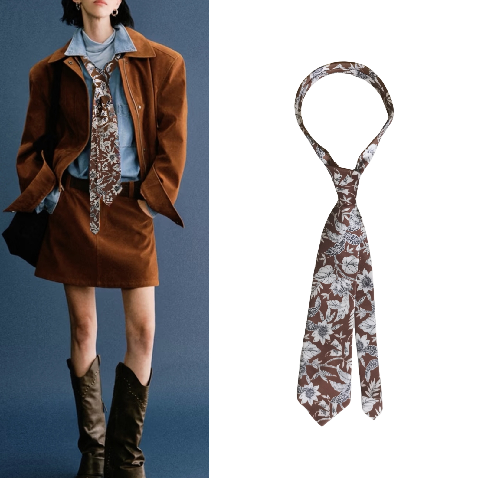 wemi宽版9cm复古港风棕色摩卡慕斯植物印花领带腰带长条手打花朵