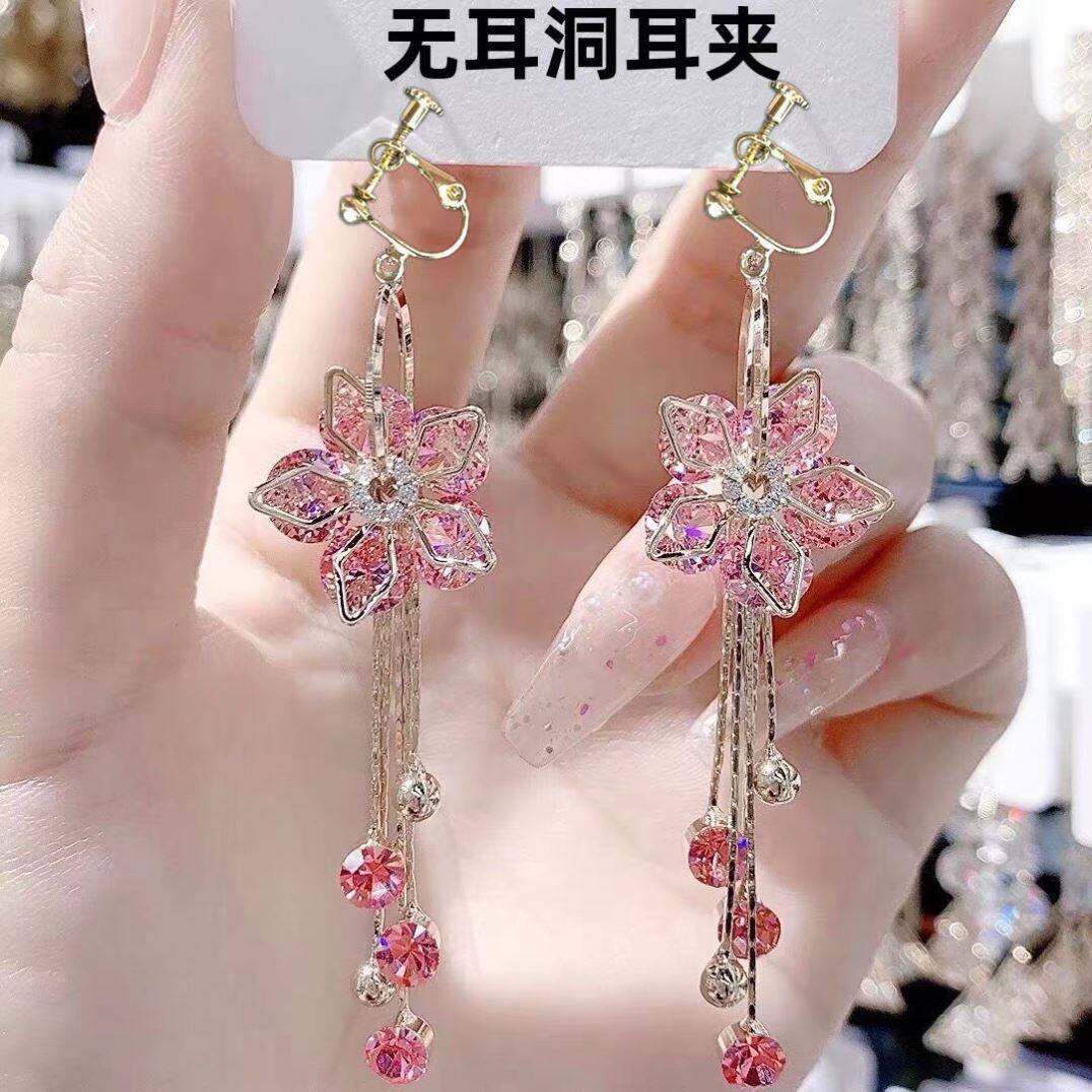 无洞耳夹高级感紫色锆石花朵流苏耳环耳夹女气质网红樱花耳坠耳品