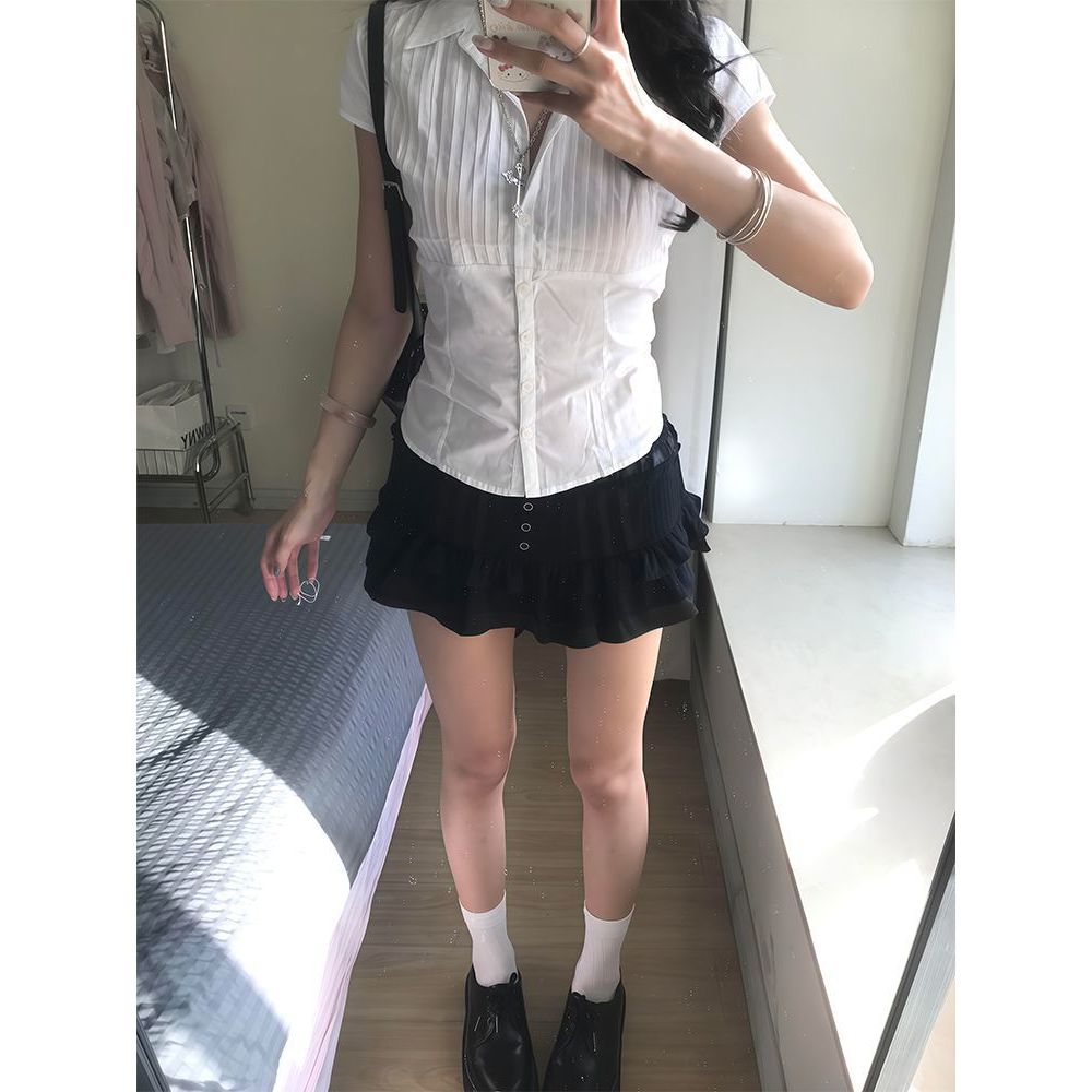 【首尔晚晴】小个子韩系古着感春装白色衬衫+荷叶边短裙两件套女